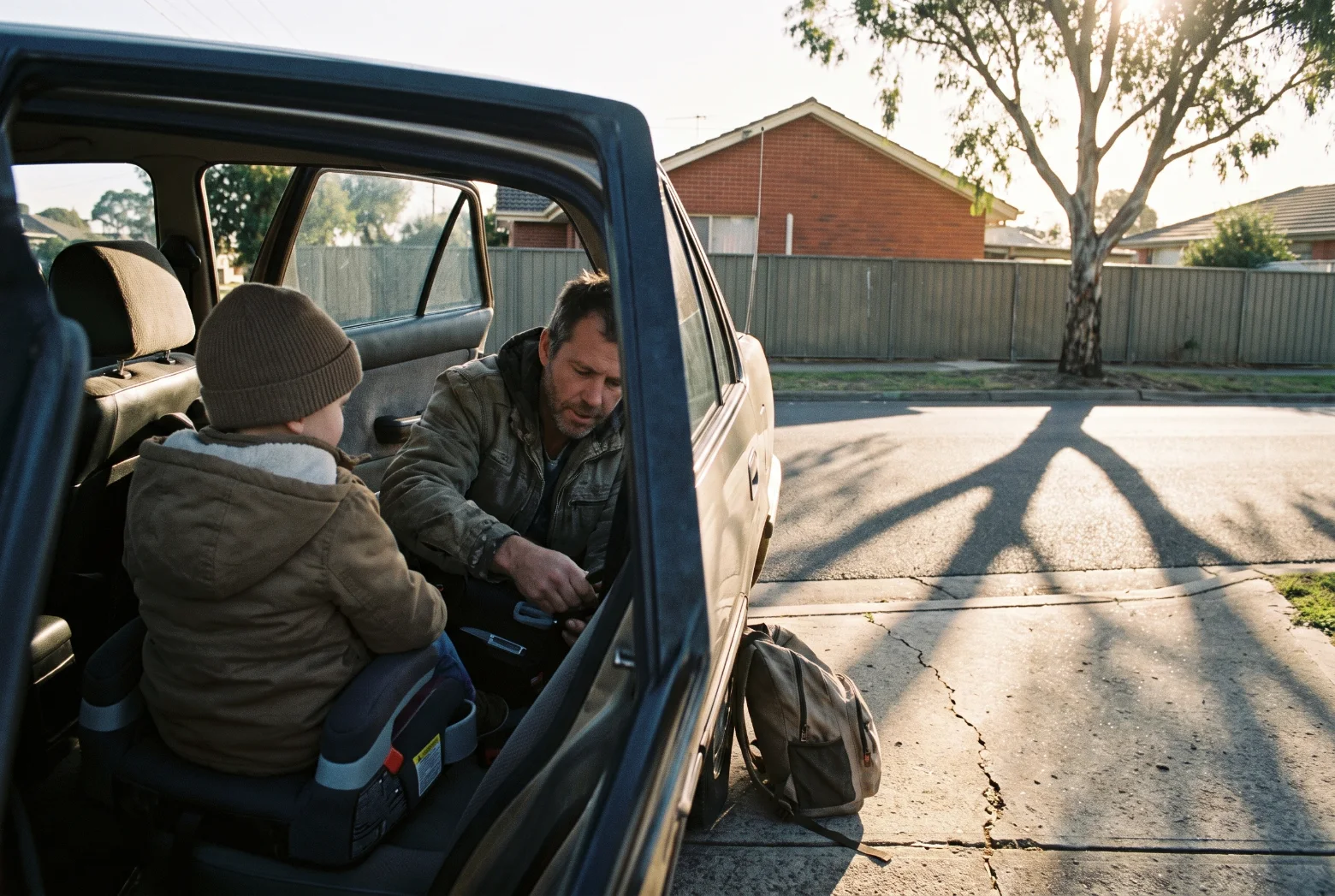 A father crouches at an open car door on a suburban street in early morning light, buckling a child into a booster seat. The child is seen from behind.