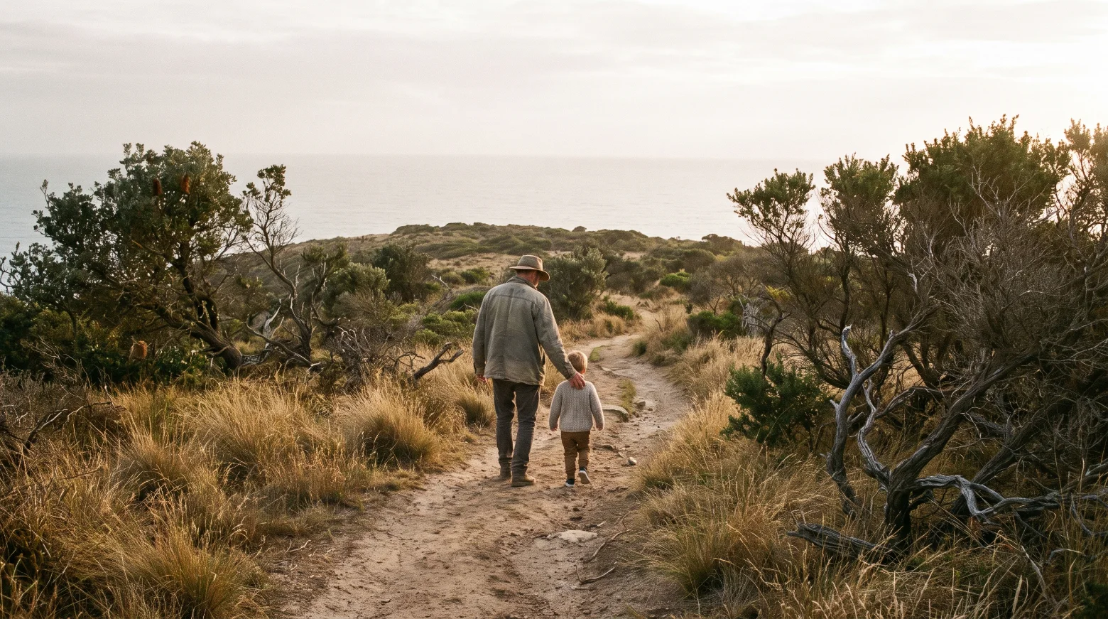 A man and a young child walk away along a dirt path through coastal scrub on an Australian headland at late afternoon, seen from behind.