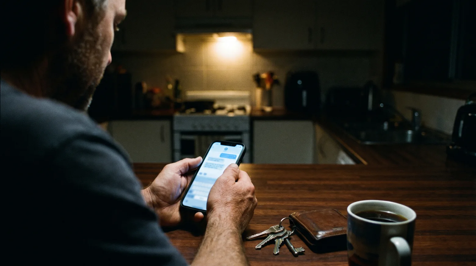 Close view over a man’s shoulder as he types a message on his phone at a dark kitchen bench, keys and a cold coffee beside him.
