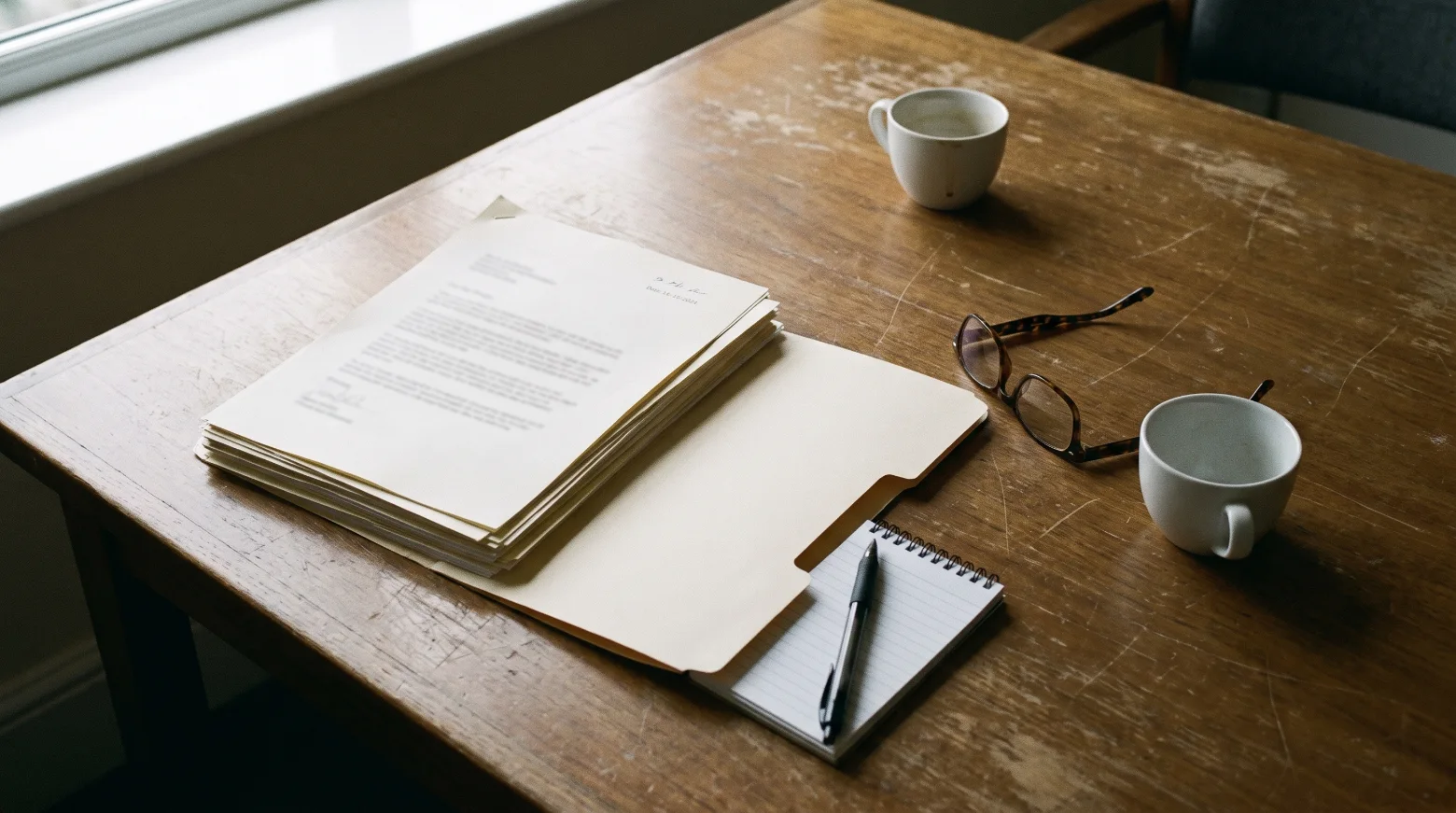 A meeting table seen from above: a stack of printed dated pages, an open folder, a pen on a notepad, reading glasses and two coffee cups.